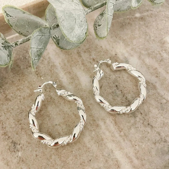 925 Sterling Silver Hoop Earrings Twist Circle Hoop Earrings Silver Small Hoops - Picture 2 of 5
